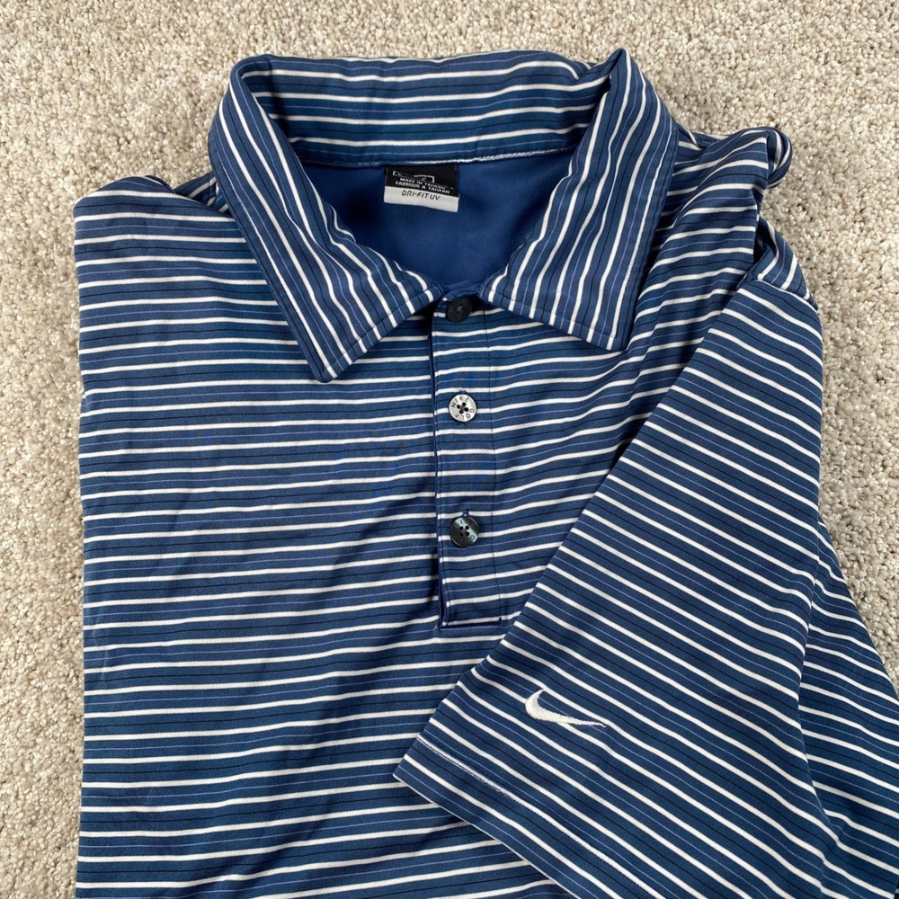 Nike‎ Golf Mens Dri-FIT UV Striped Polo Shirt Navy Blue White Large L